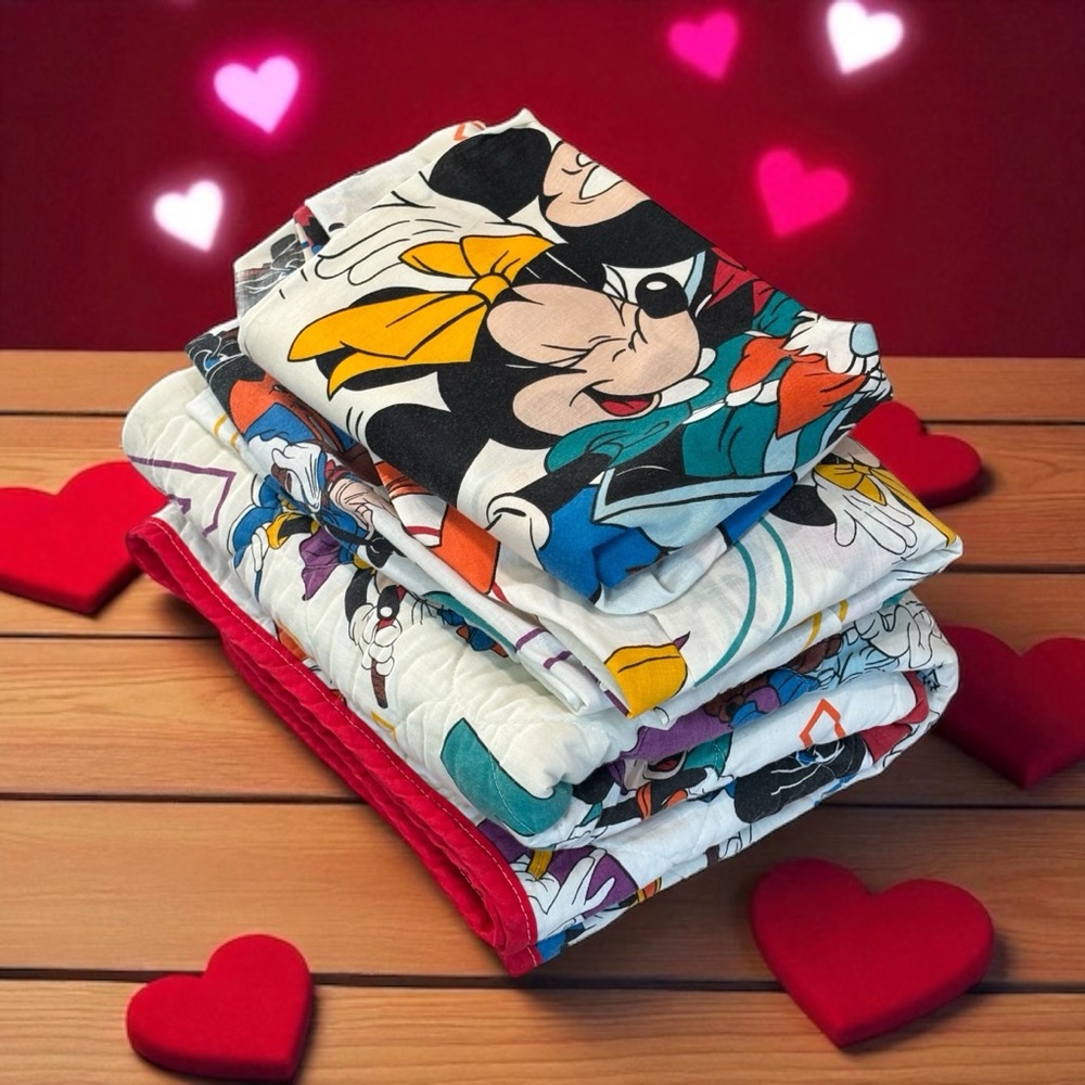 Vintage 4 Disney ABC Mickey Crib Bed Set Fitted & Flat Sheet Pillow Case & Quilt